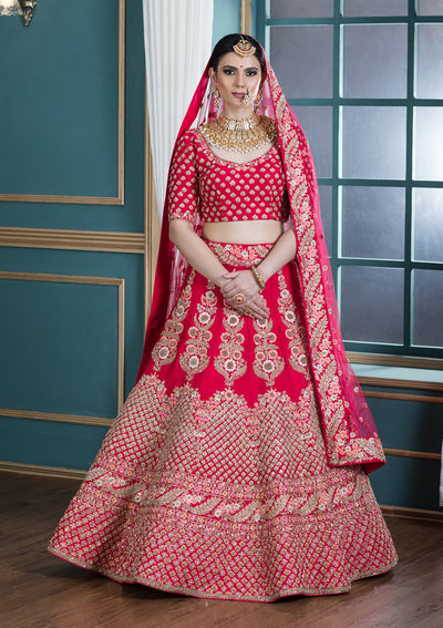 Coral Pink Pearl Embellished Designer Bridal Lehenga-Koskii