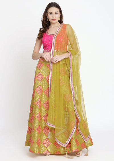 Yellow and Fuschia Mirrorwork Brocade Designer Lehenga-Koskii