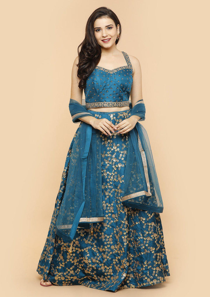 KOSKII PEACOCK GREEN SEQUINED LEHENGA-Koskii