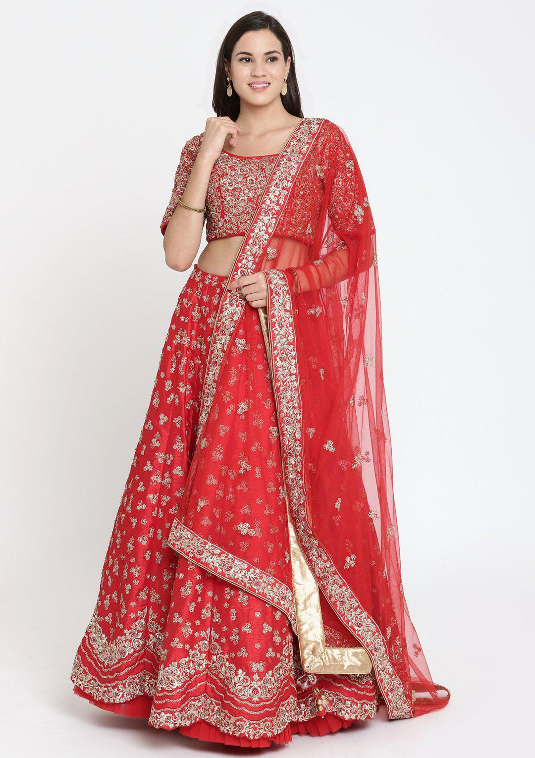 Red Sequinned Raw Silk Designer Lehenga-Koskii