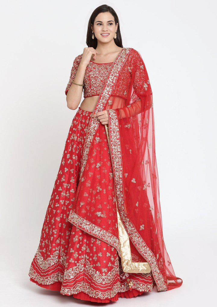 Red Sequinned Raw Silk Designer Lehenga-Koskii