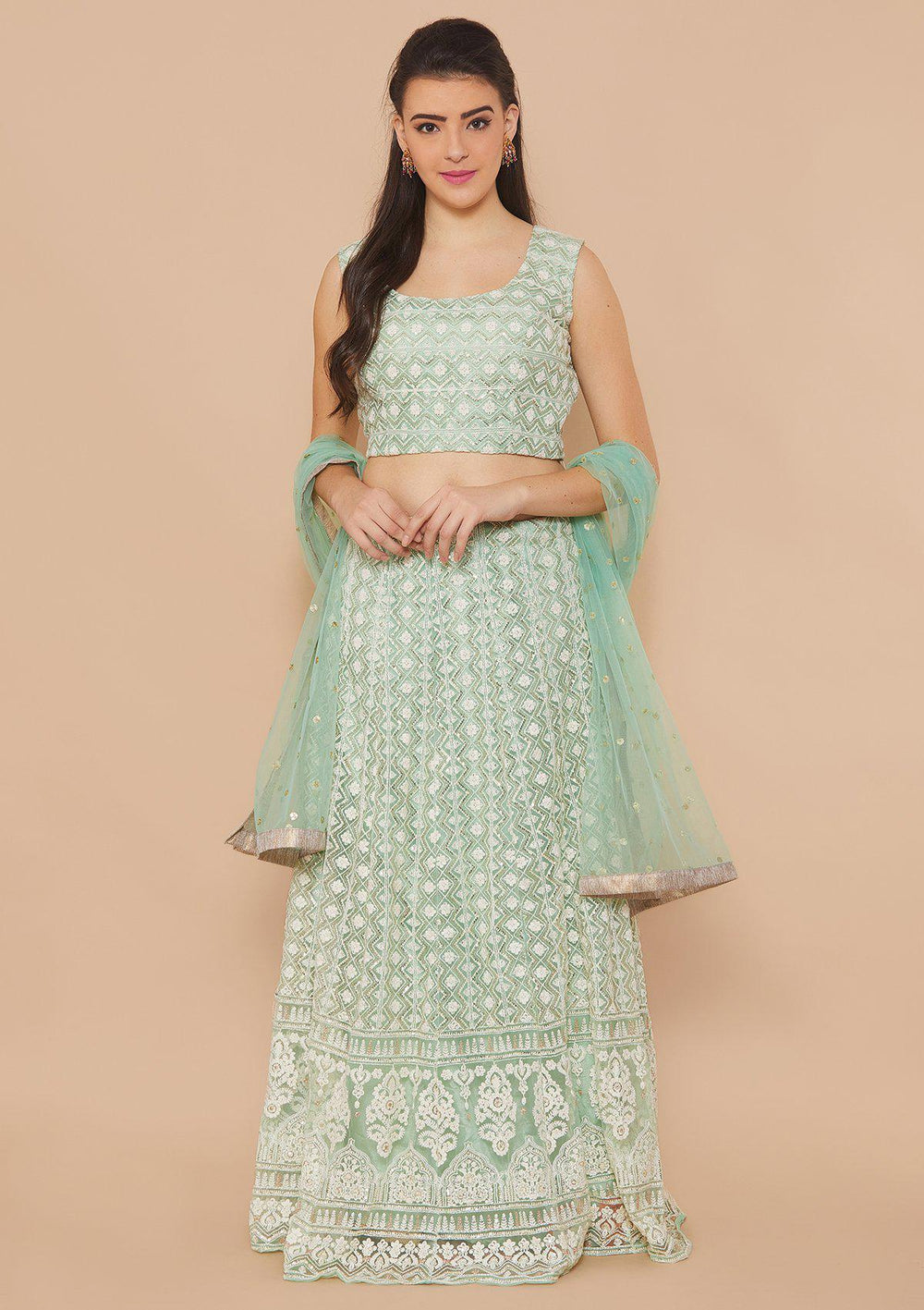 Green Thread-Work Net Designer Lehenga-Koskii