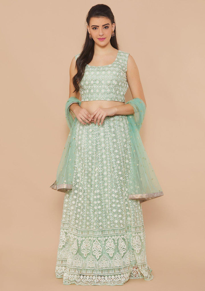 Green Thread-Work Net Designer Lehenga-Koskii