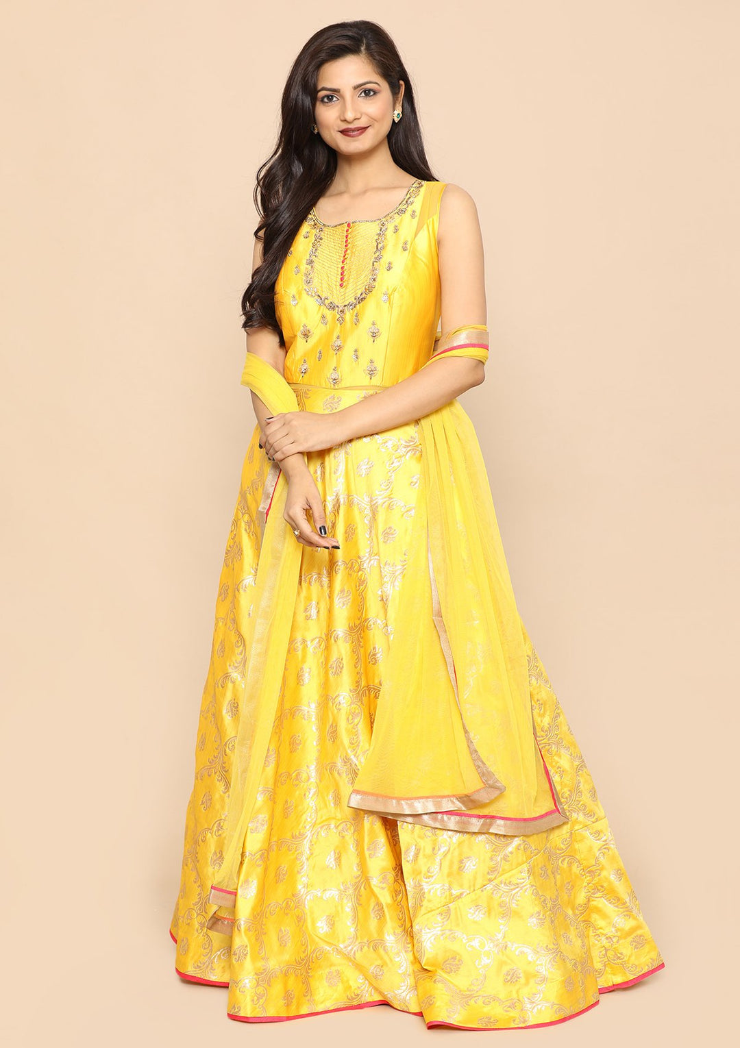 Yellow Zari Work Silk Designer Gown-Koskii