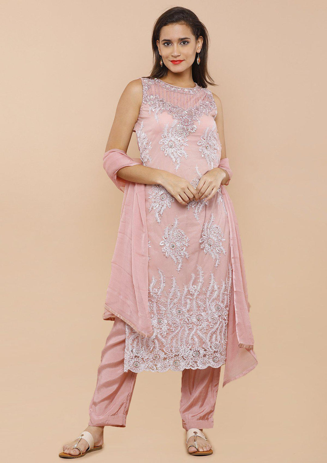 Koskii dusty rose floral salwar suit-Koskii