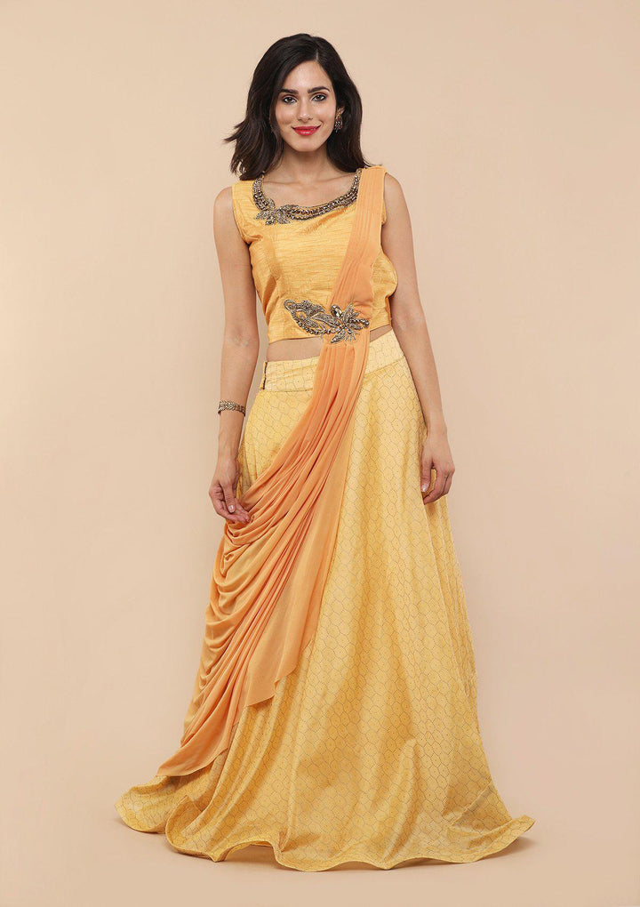 KOSKII YELLOW RAW SILK DRAPE LEHENGA-Koskii