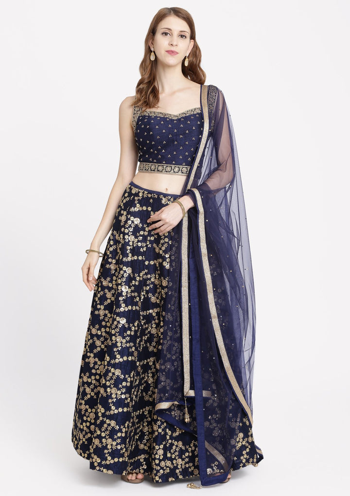Navy Blue Stonework Rawsilk Designer Lehenga-Koskii