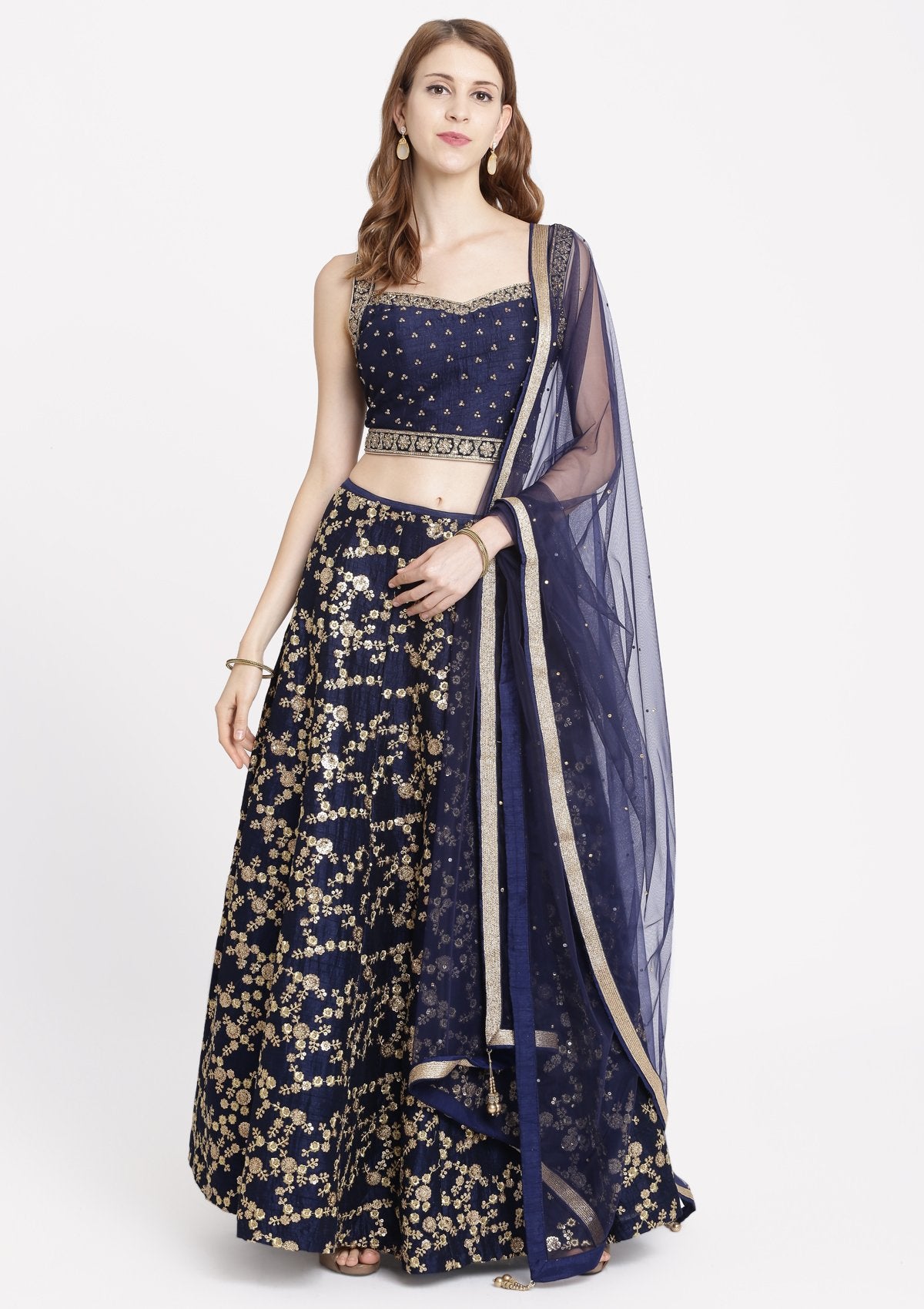 Navy Blue Stonework Rawsilk Designer Lehenga-Koskii