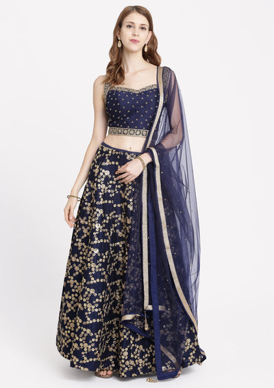 Navy Blue Stonework Rawsilk Designer Lehenga-Koskii