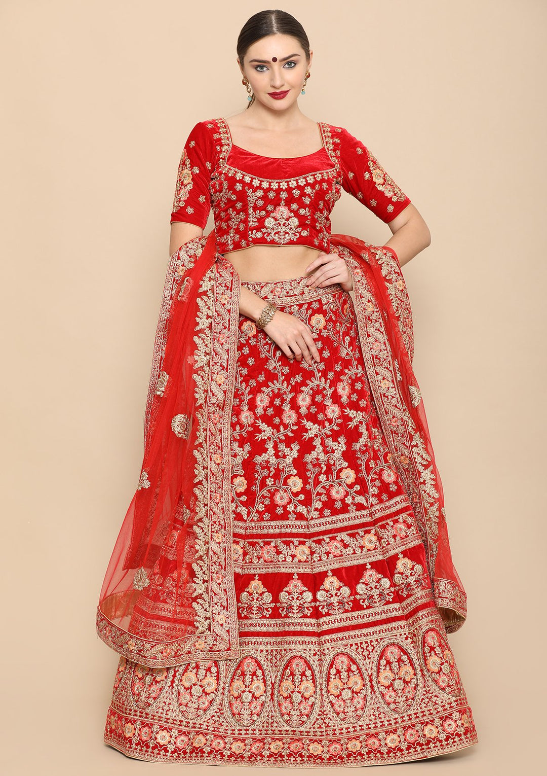 Red Zari Work Velvet Designer Lehenga-Koskii