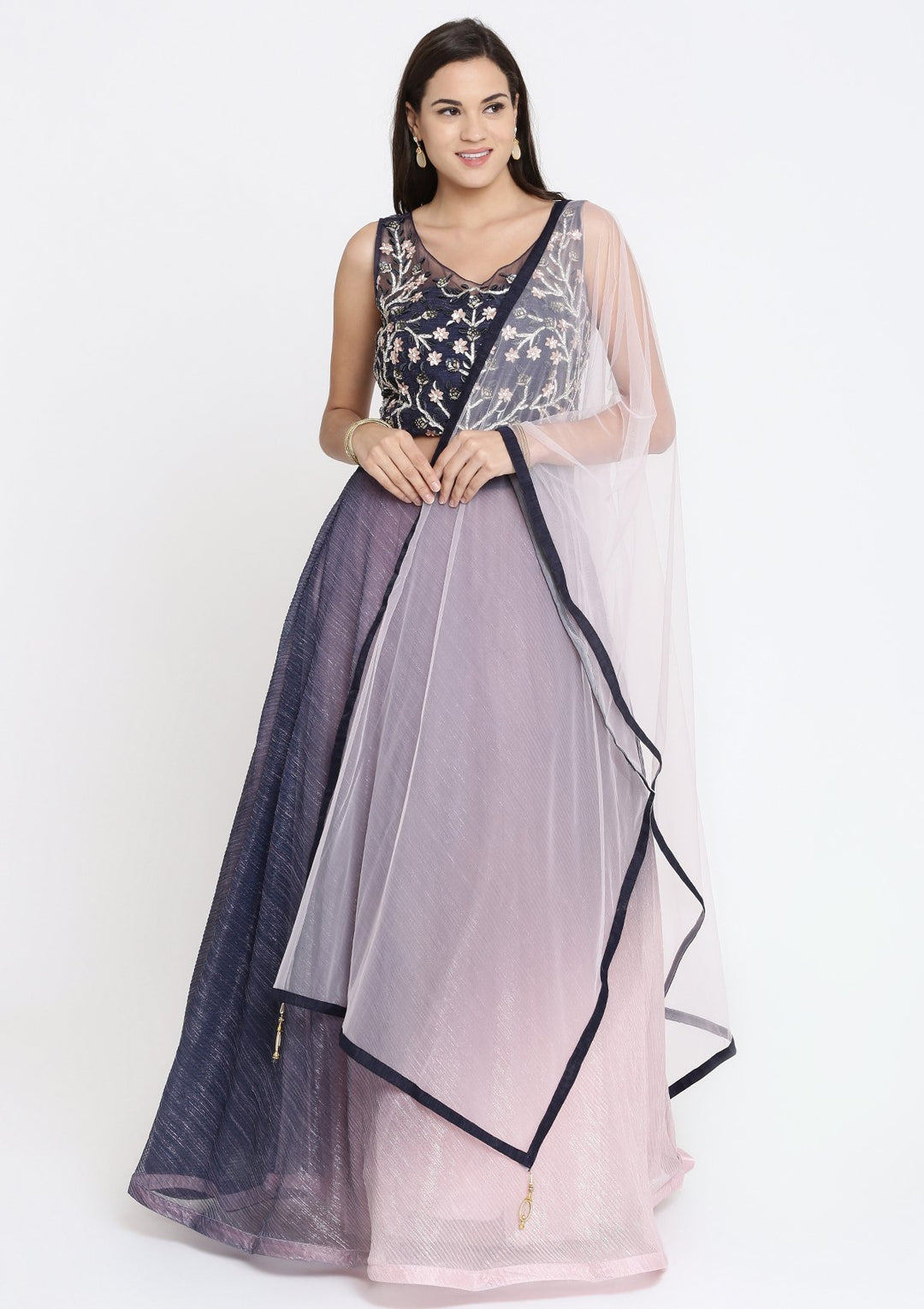 Onion Pink Silver Stonework Lycra Designer Lehenga-Koskii