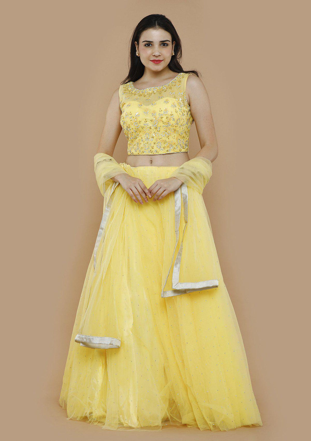 Yellow Sequinned Net Designer Lehenga-Koskii