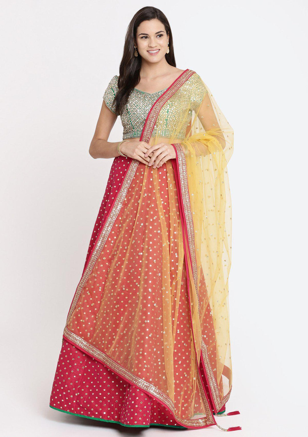 Fuschia and Green Gotapatti Raw Silk Designer Lehenga-Koskii