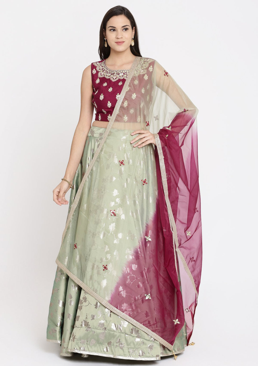 Pista Green Mirrorwork Art Silk Designer Lehenga-Koskii