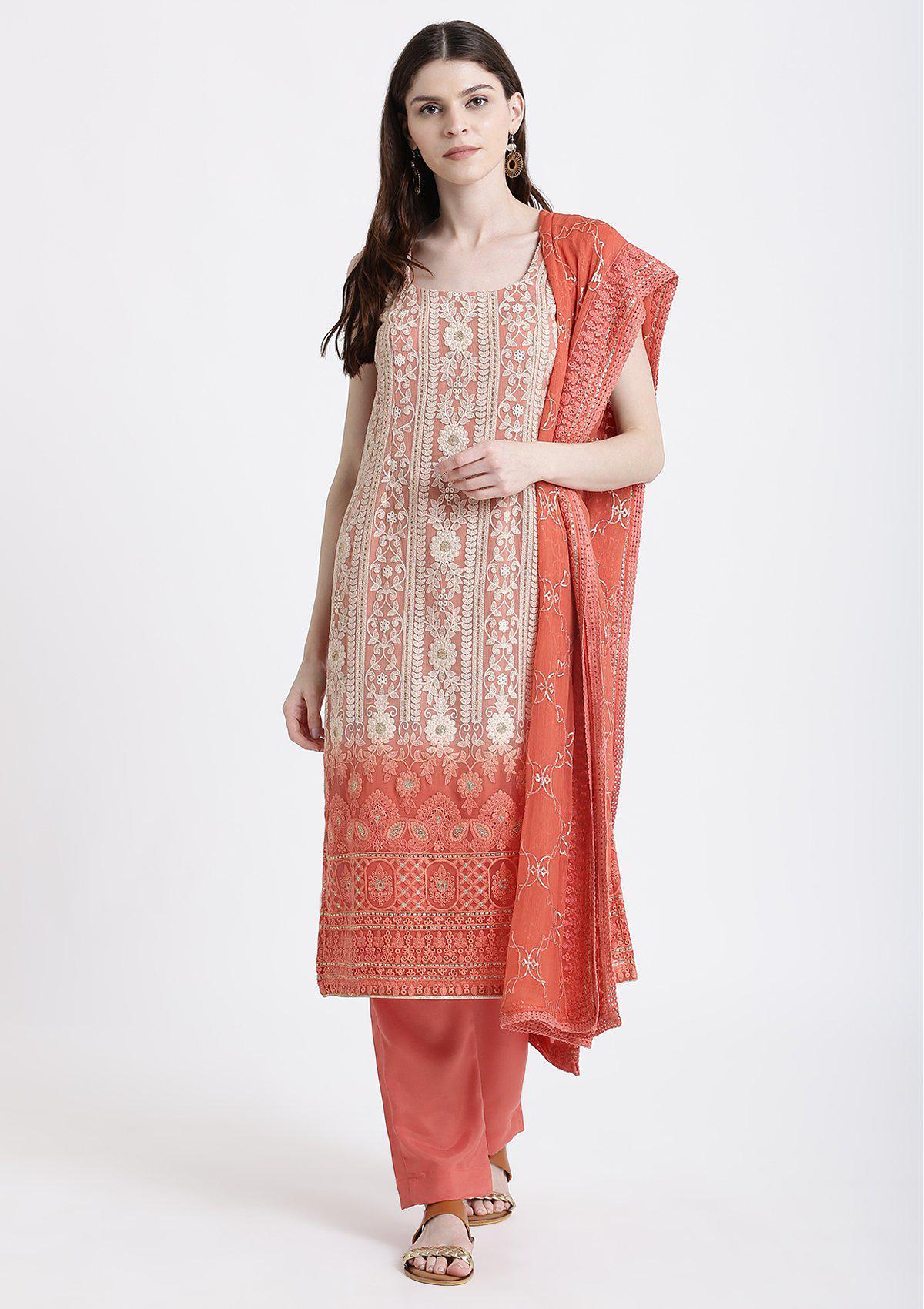 Beige Thread Work Chiffon Designer Salwar Suit-Koskii