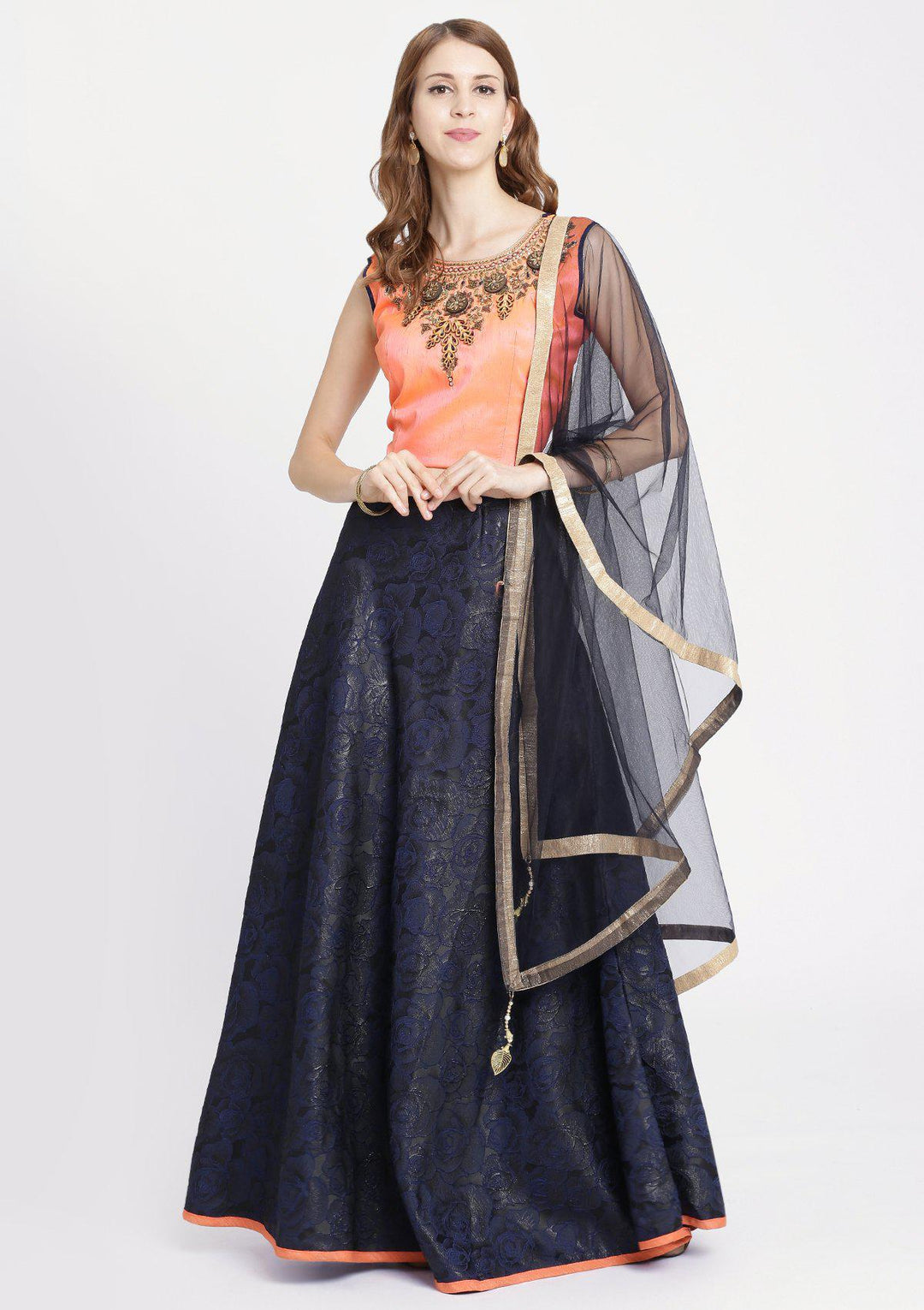 Navy Blue Pearlwork Rawsilk Designer Lehenga-Koskii