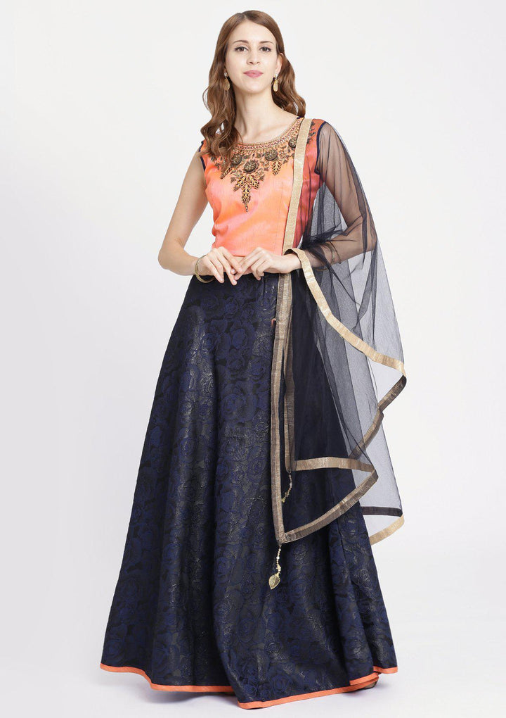 Navy Blue Pearlwork Rawsilk Designer Lehenga-Koskii
