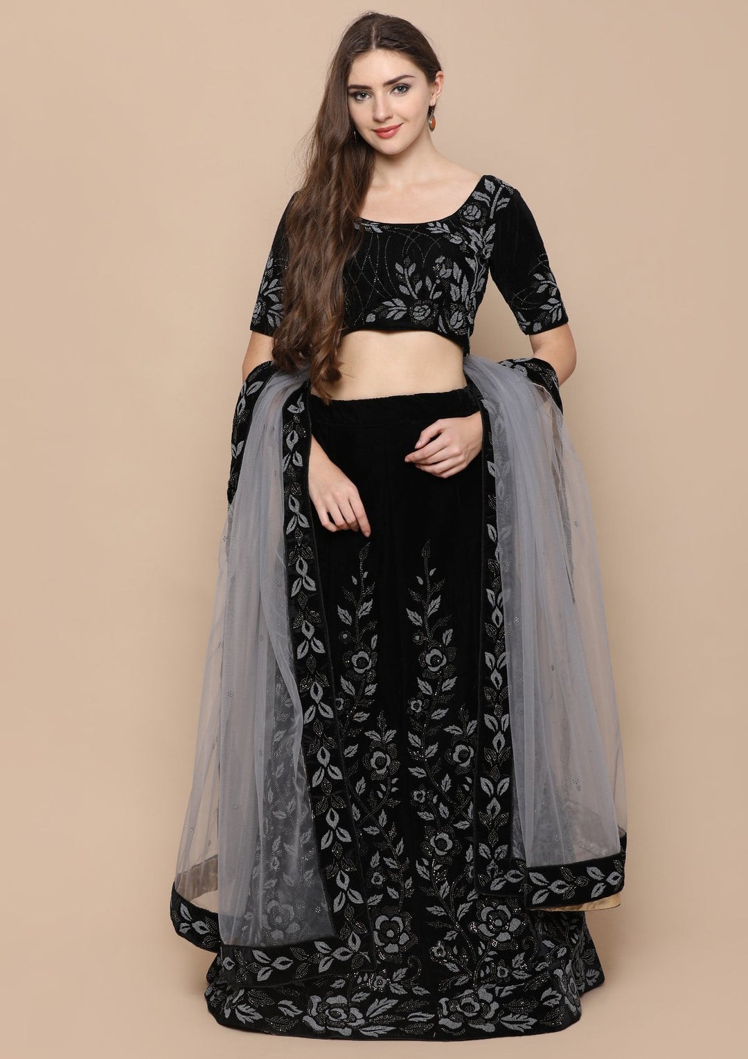 Black Stone Work Velvet Designer Lehenga-Koskii