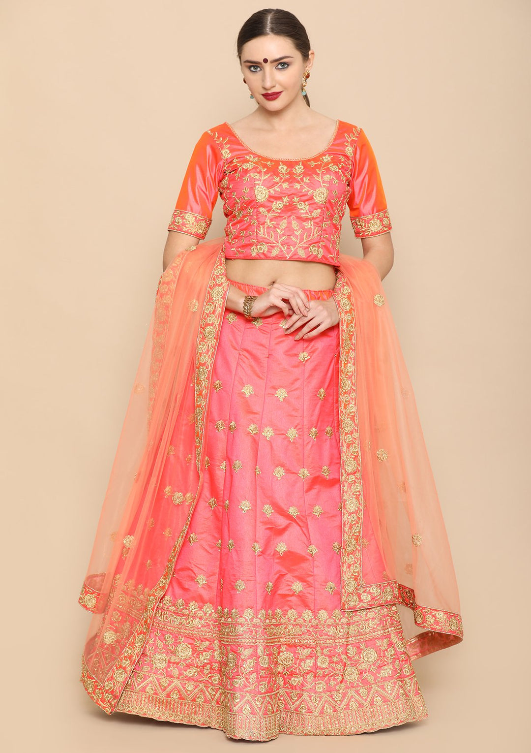 Orange Zari Work Taffeta Silk Designer Lehenga-Koskii
