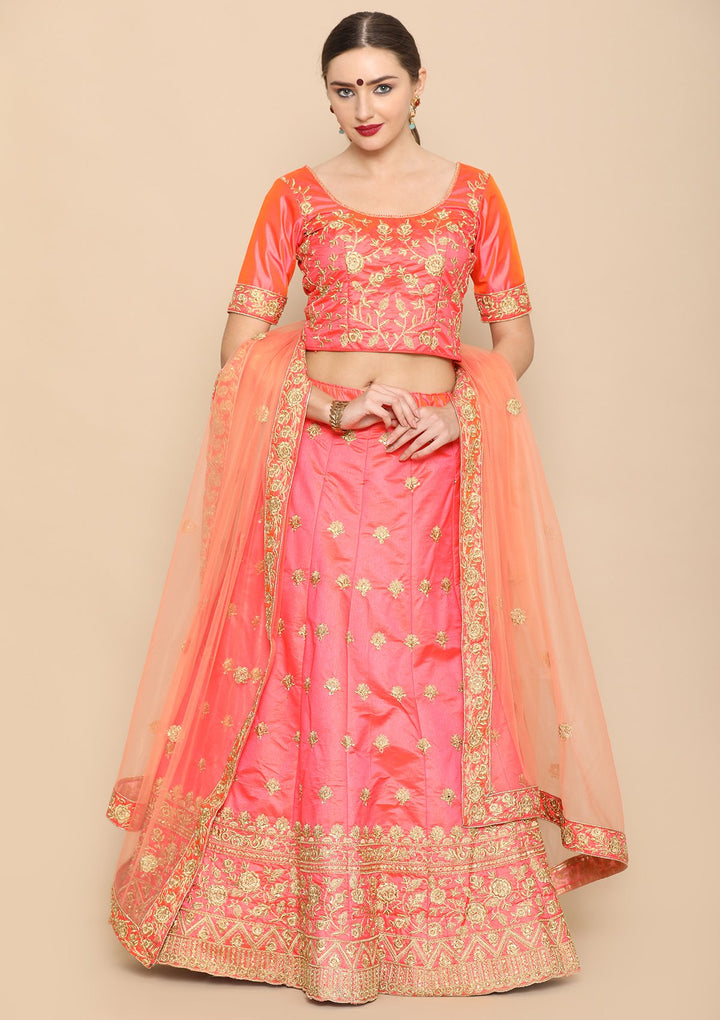 Orange Zari Work Taffeta Silk Designer Lehenga-Koskii