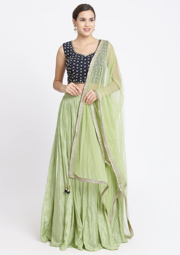 Pista Green and Navy Blue Mirrorwork Satin Designer Lehenga-Koskii