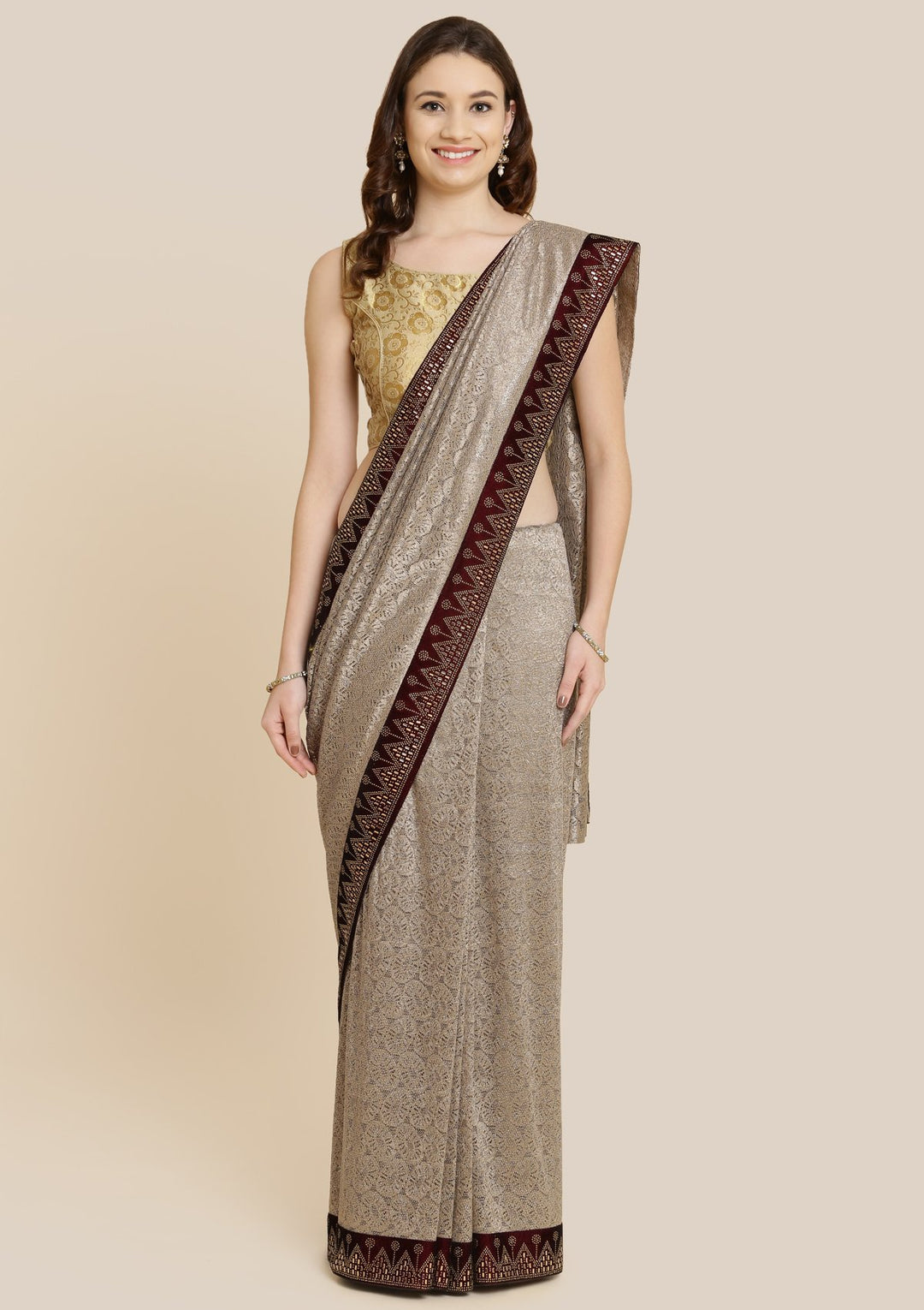 Light Brown Swarovski Net Designer Saree-Koskii