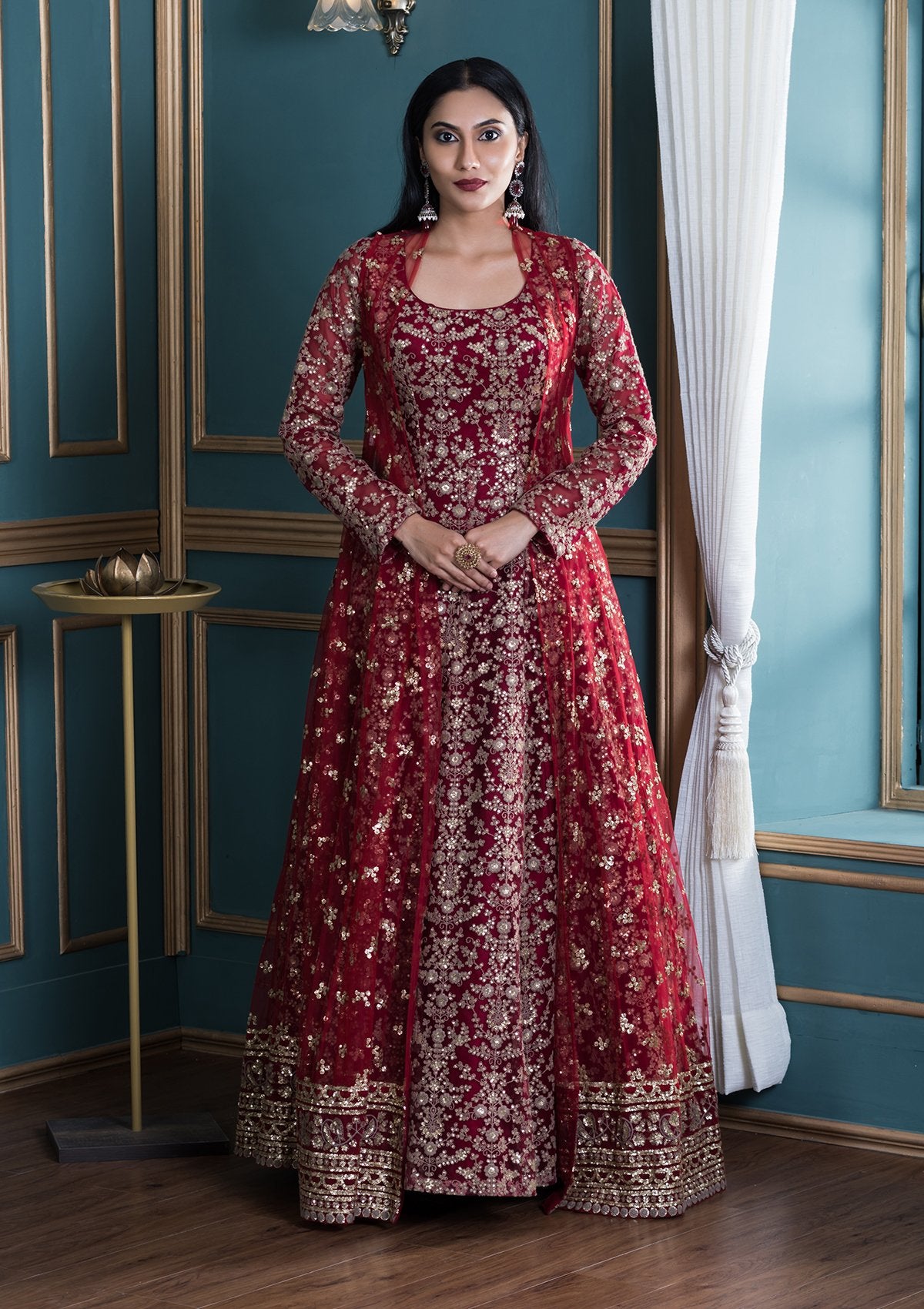 Red Sequinned Net Indo Western Designer Gown-Koskii