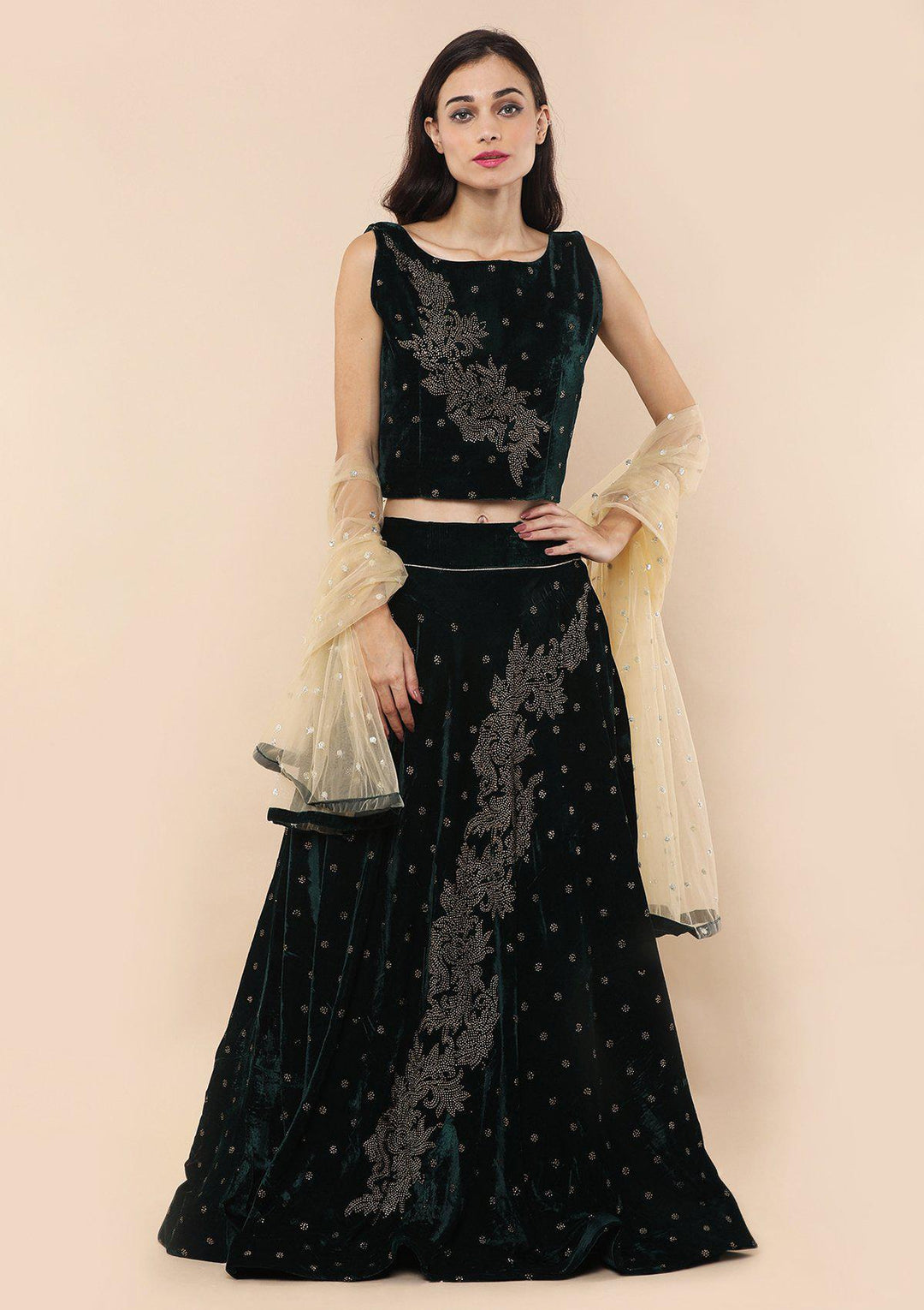 Bottle Green Sequinned Velvet Designer Lehenga-Koskii