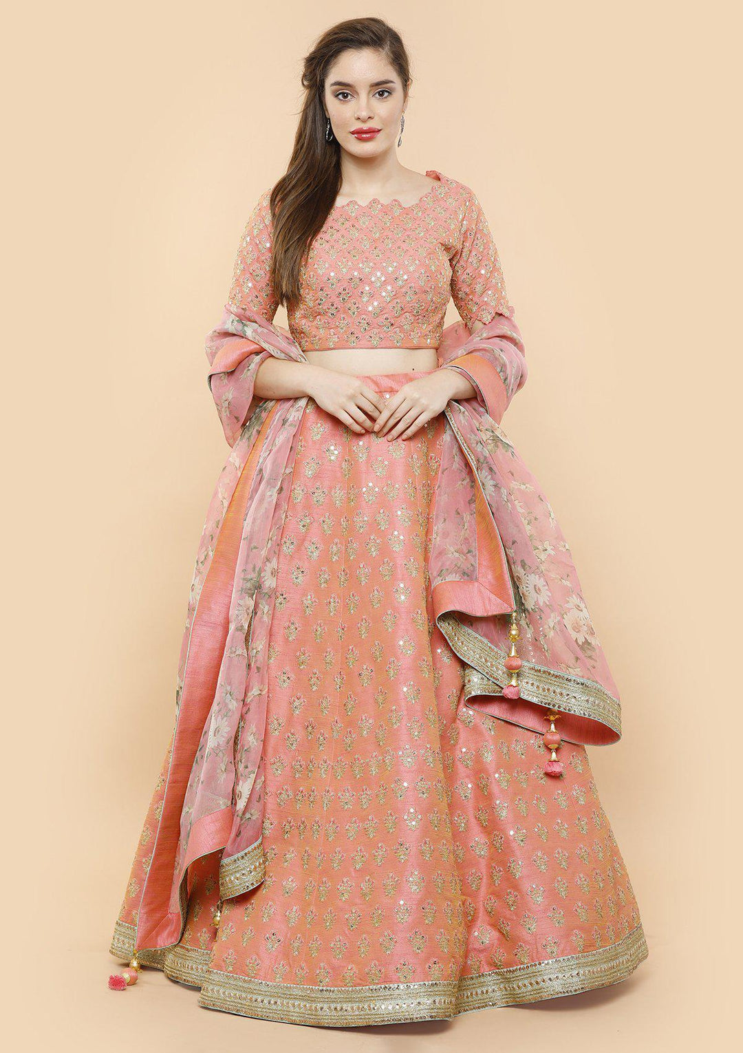 koskii peach raw silk bridal lehenga-Koskii