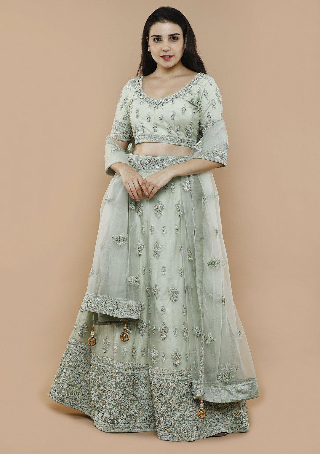 Fern Green Threadwork Silk Designer Lehenga-Koskii