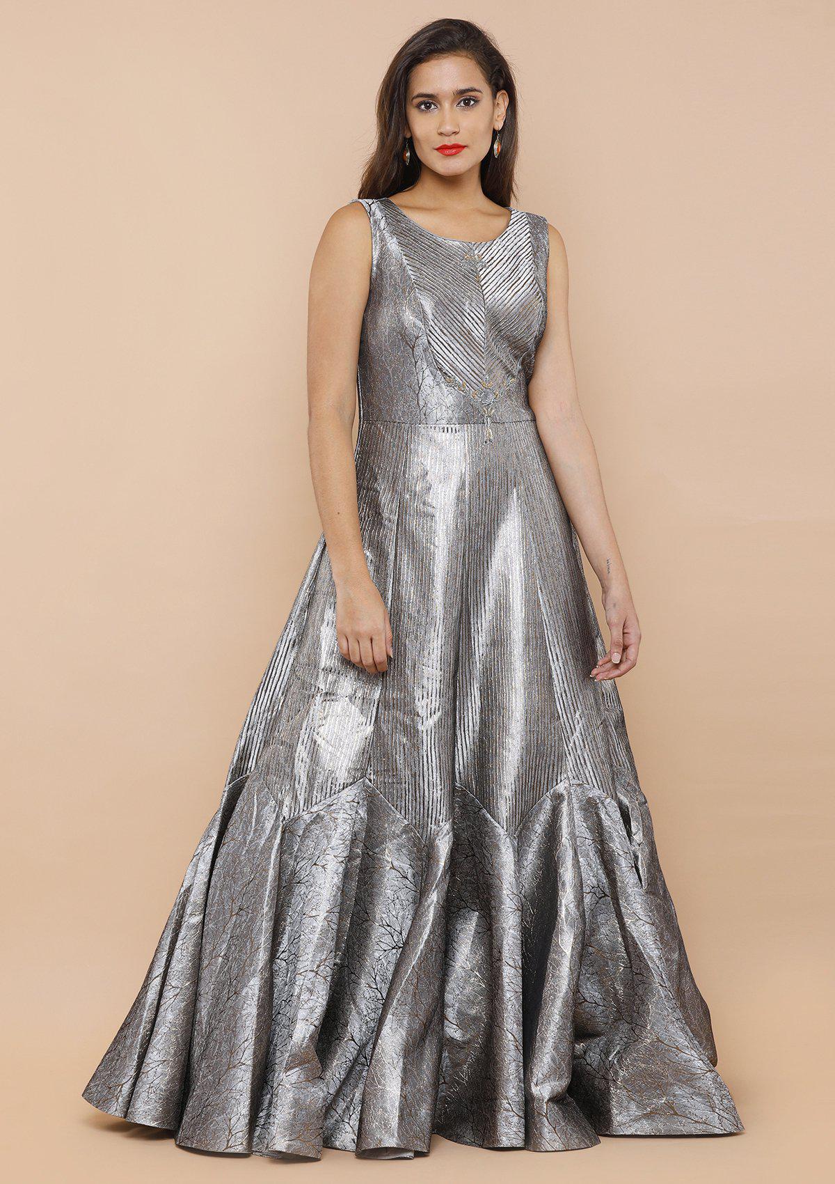 Silver Grey Silk Designer Gown-Koskii