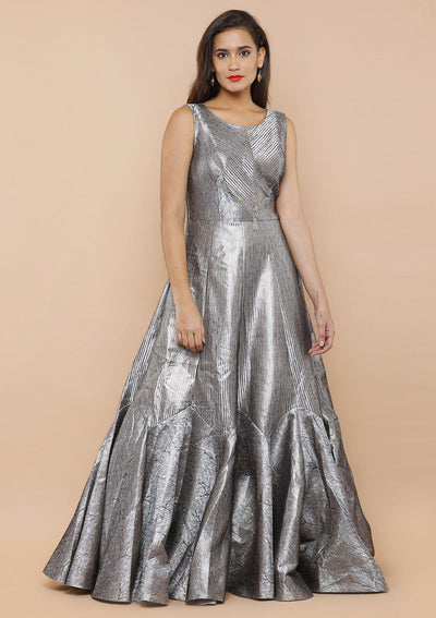 Silver Grey Silk Designer Gown-Koskii