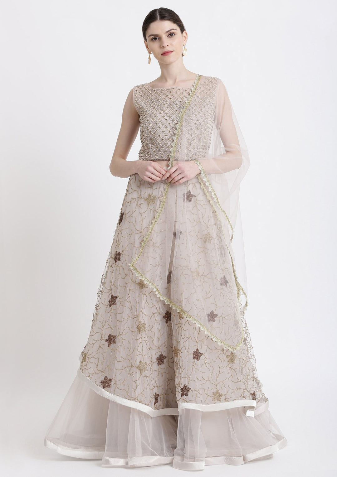 Light Grey Pearlwork Net Designer Lehenga-Koskii