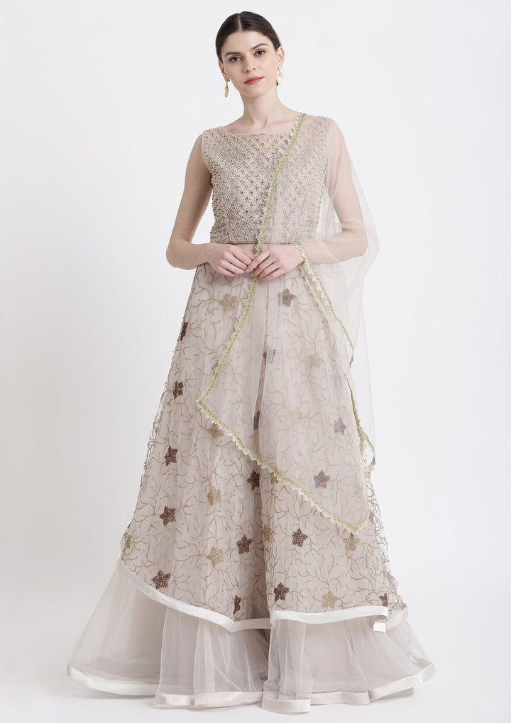 Light Grey Pearlwork Net Designer Lehenga-Koskii