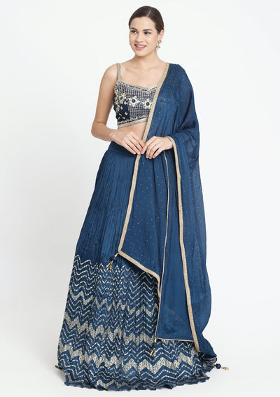 Peacock Blue Zardosi Art Silk Designer Lehenga-Koskii