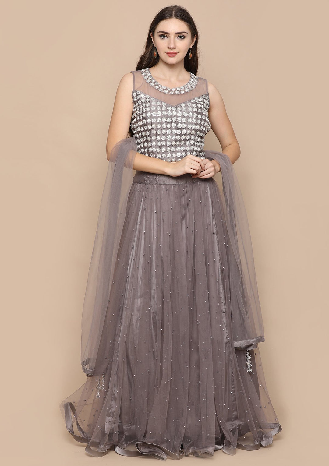 Dark Grey Pearl Embellished Satin Silk Designer Lehenga-Koskii