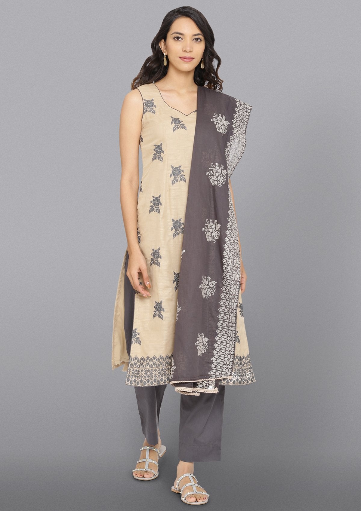 Beige Threadwork Cotton Designer Salwar Suit-Koskii
