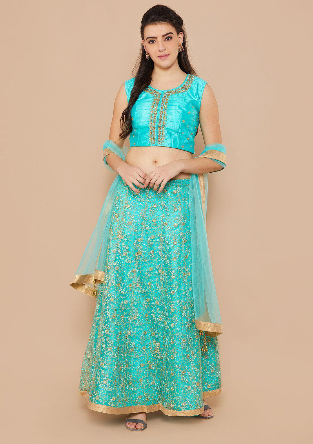 Cyan Sequinned Net Designer Lehenga-Koskii