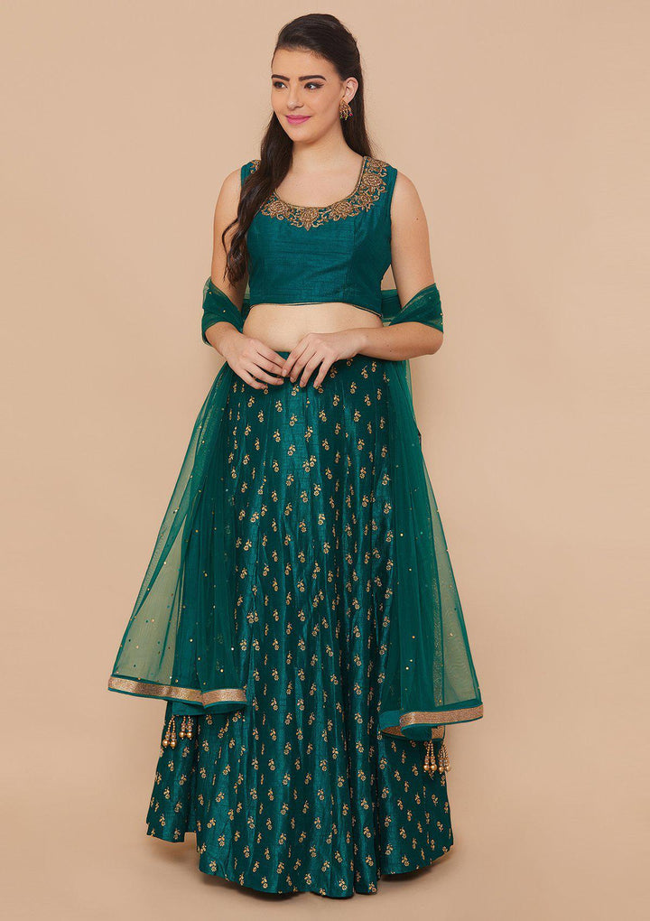 Koskii Zariwork Raw Silk Forest Green Lehenga-Koskii