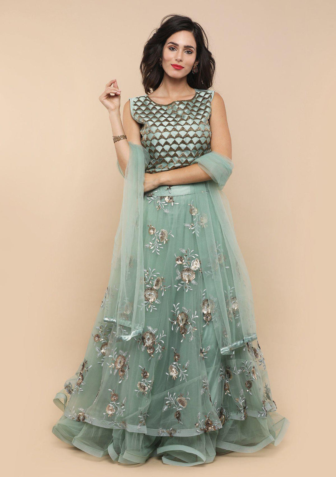 Sea Green Floral Net Designer Lehenga-Koskii