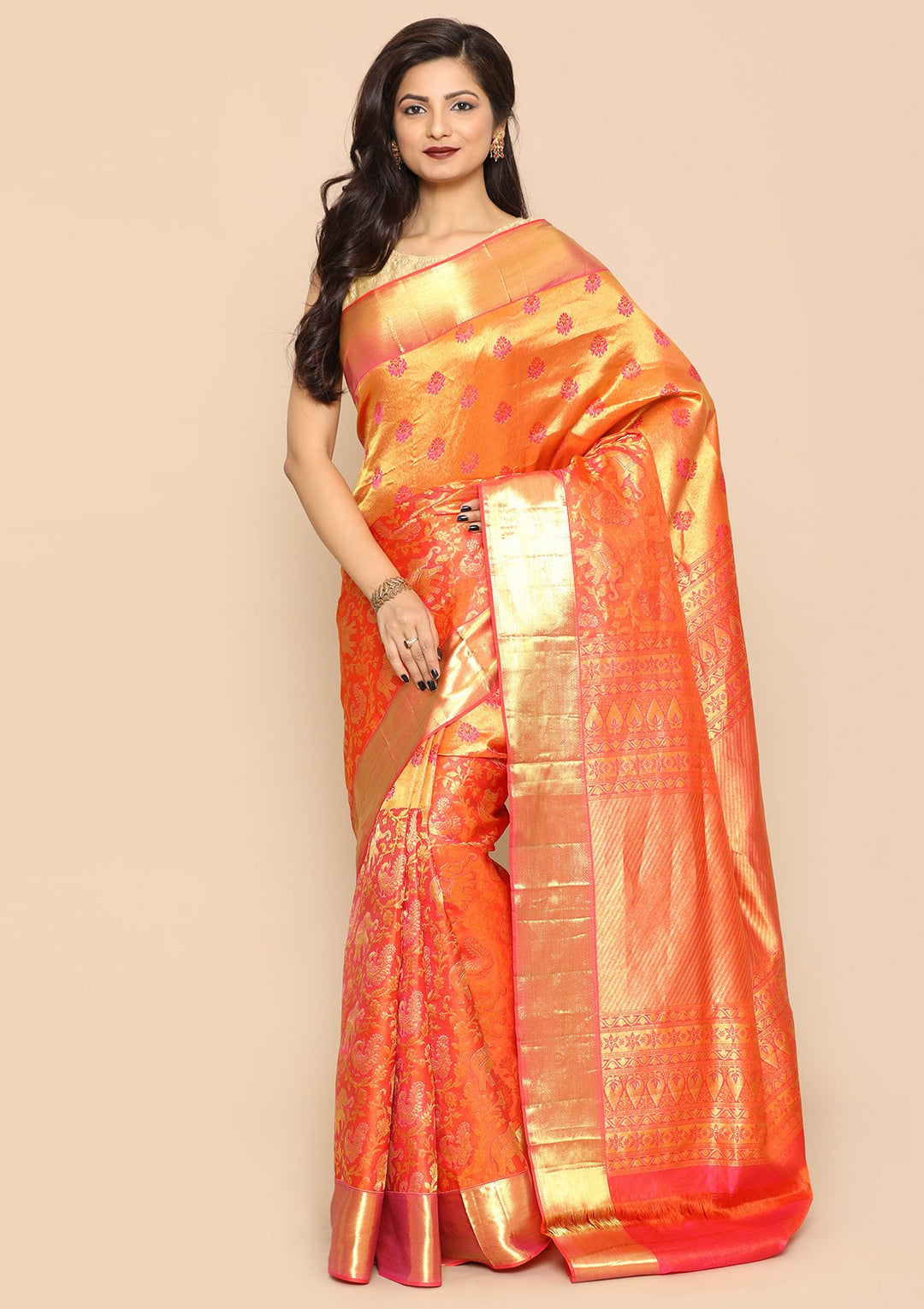 Orange Color Shot Zari Border Handloom Saree-Koskii