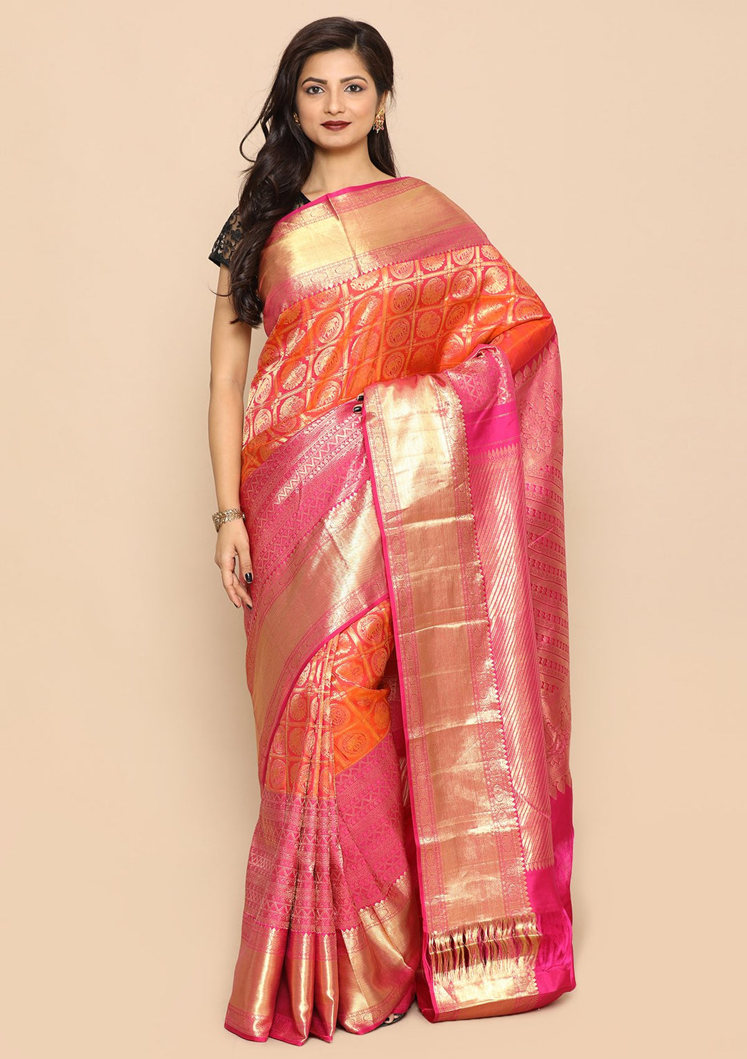 Orange and Pink Colorshot Handmade Saree-Koskii