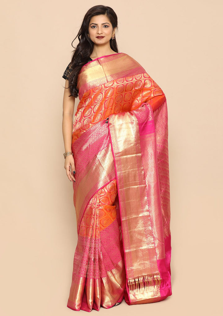 Orange and Pink Colorshot Handmade Saree-Koskii