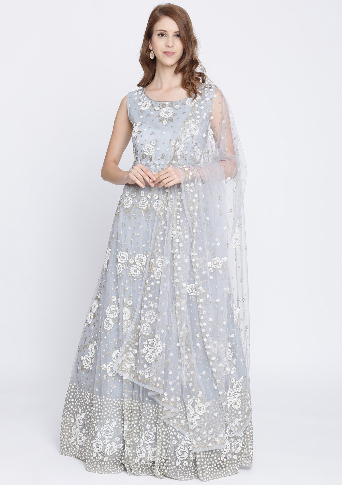 Light Grey Cutdana Net Designer Gown-Koskii