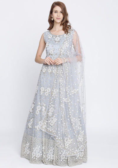 Light Grey Cutdana Net Designer Gown-Koskii