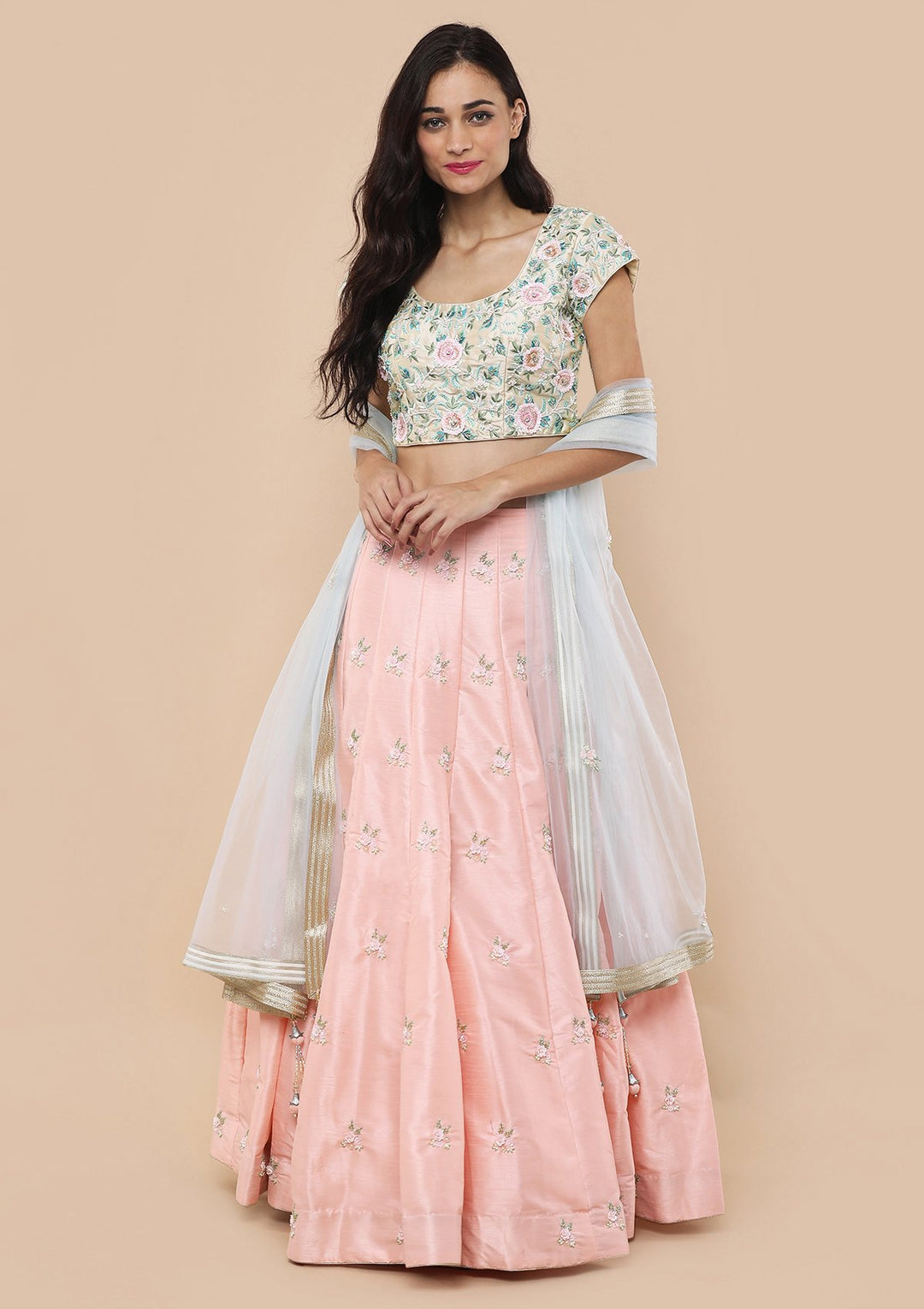 Peach Floral Thread Work Silk Designer Lehenga-Koskii