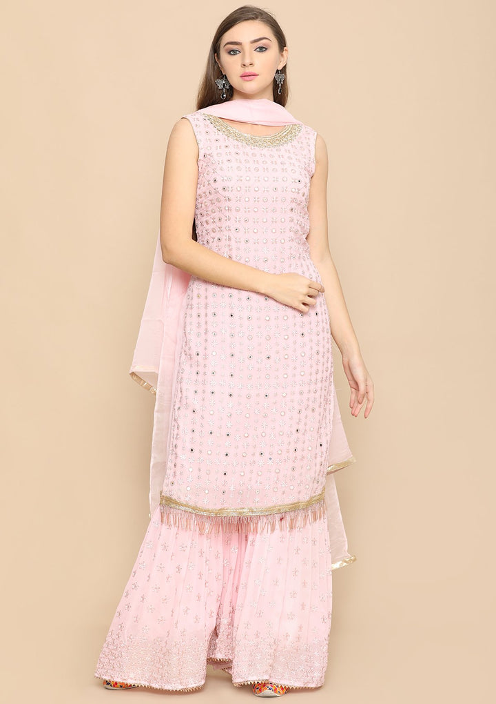 Baby Pink Mirror Work Designer Salwar Suit-Koskii