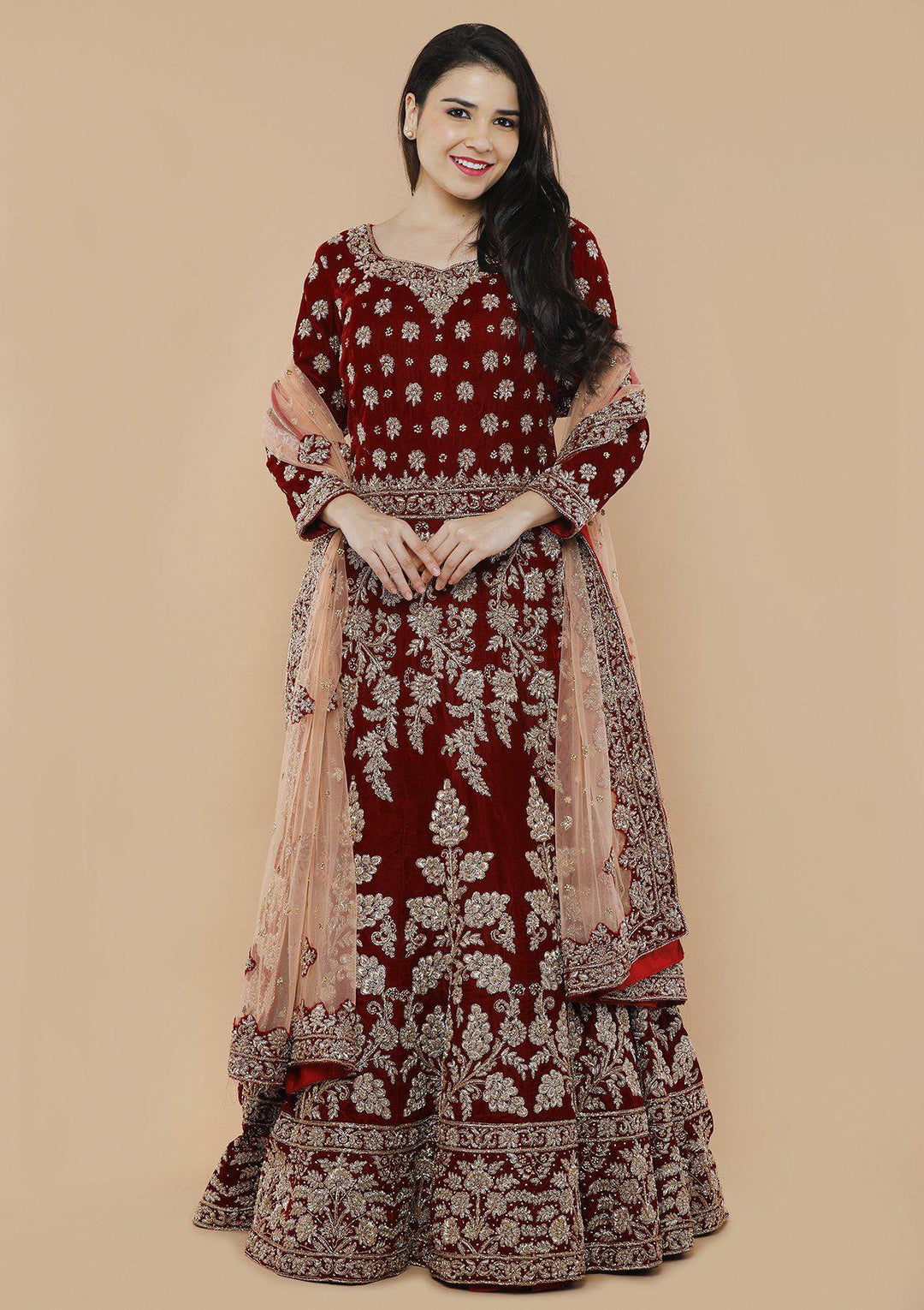 Maroon Zardozi Velvet Designer Gown-Koskii