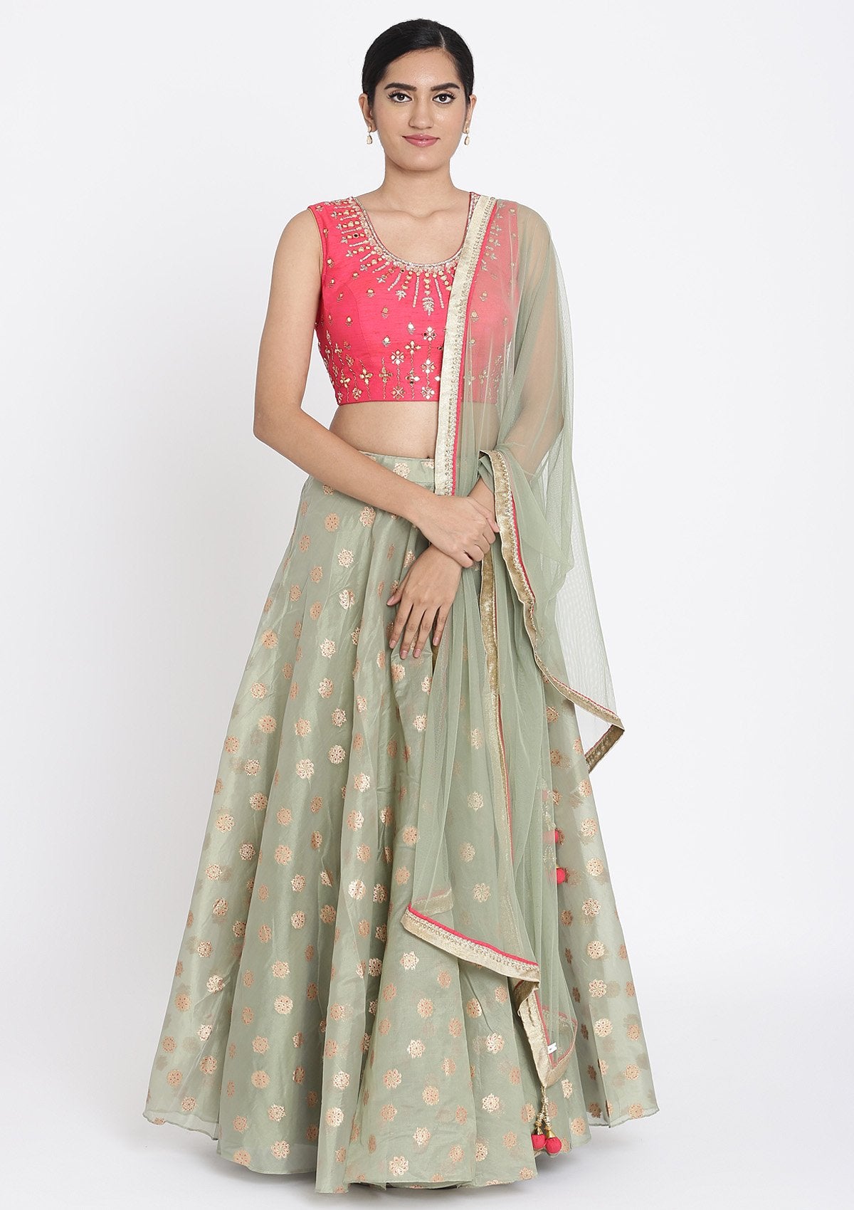 Pista Green And Pink Mirrorwork Tissue Designer Lehenga - koskii