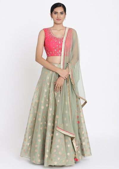 Pista Green And Pink Mirrorwork Tissue Designer Lehenga - koskii